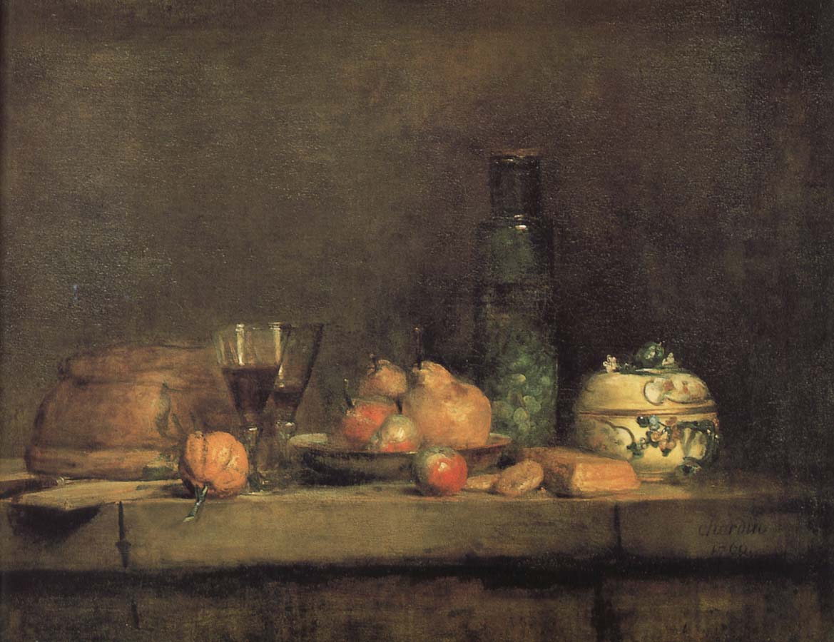 With olive jars and other glass pears still life